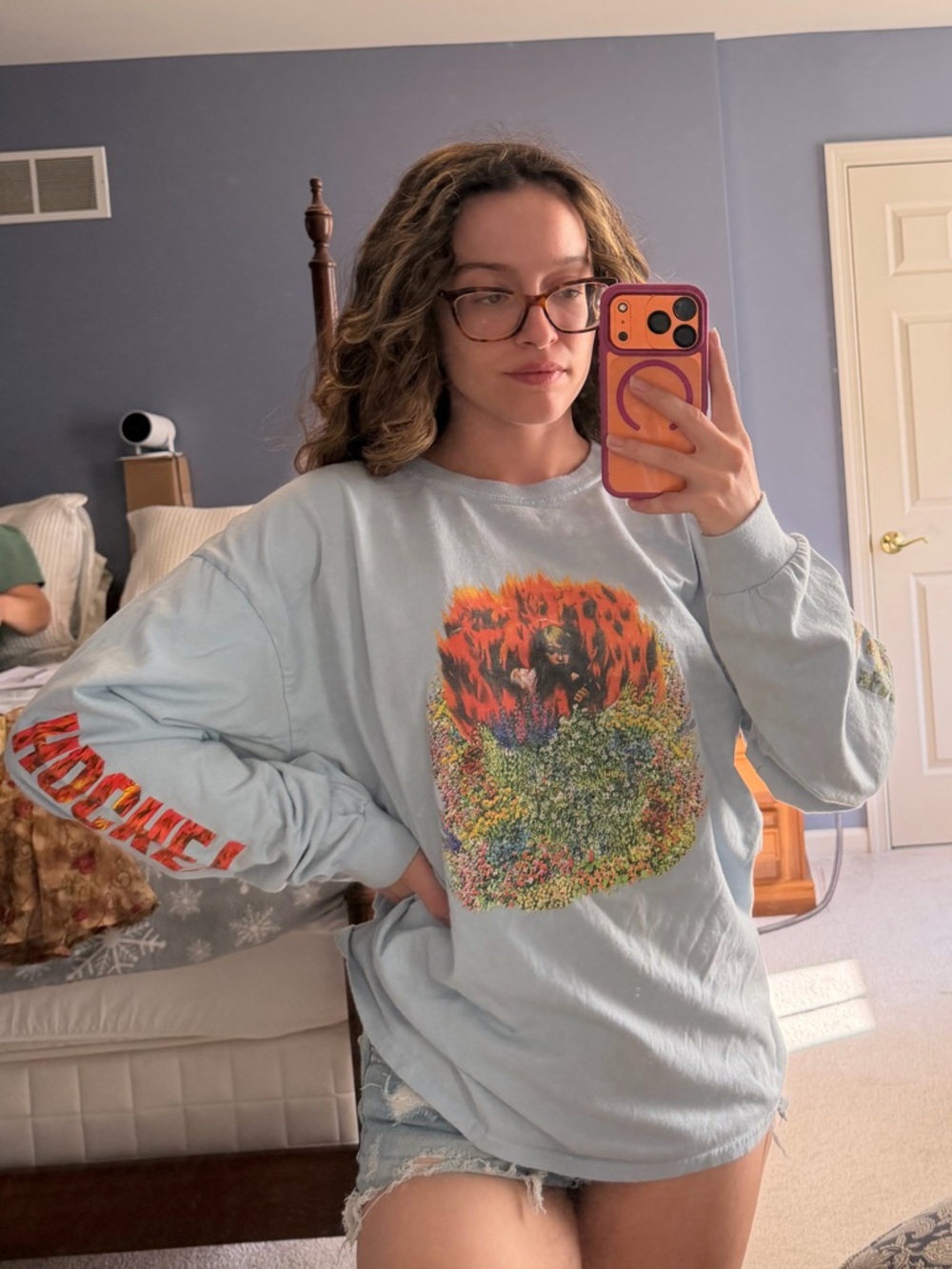 Hockey Blue Floral Sleeve Oversized Tee